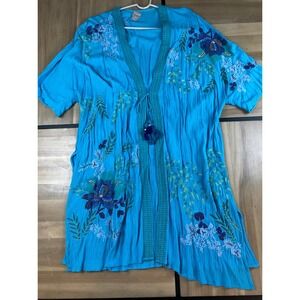 Chicos Teal Blue Embroidered Kimono Cardigan Tassel Tie Size S M